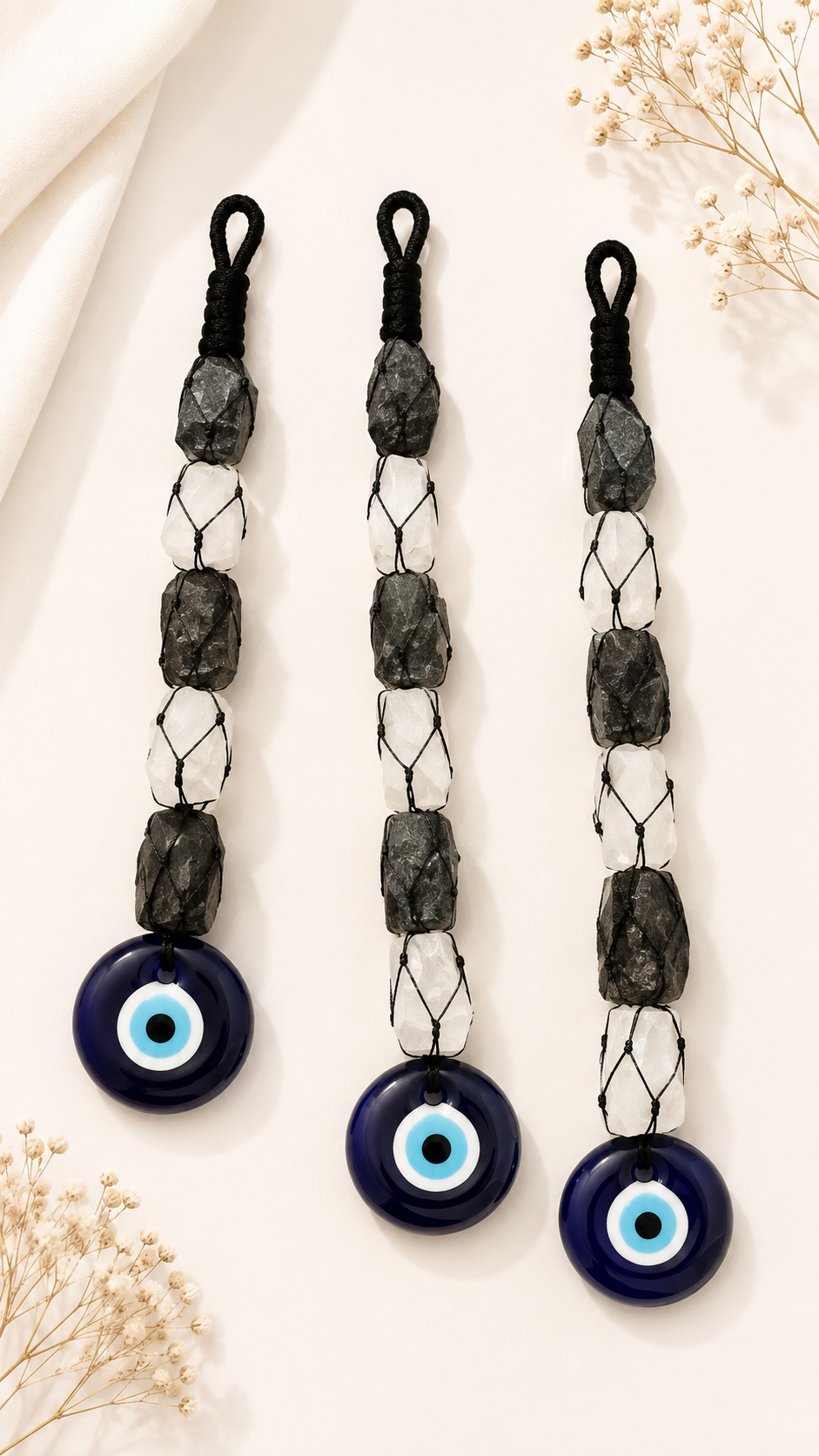 Selenite, Black Tourmaline with Evil Eye Hanging